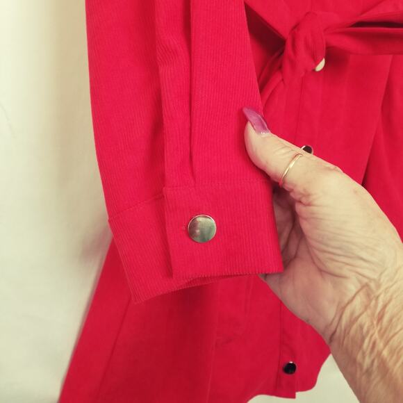 BTFBM Women's Red Corduroy Button Up Shirt Dress Pockets Tie Waist Long Slv Sz L - Picture 4 of 8